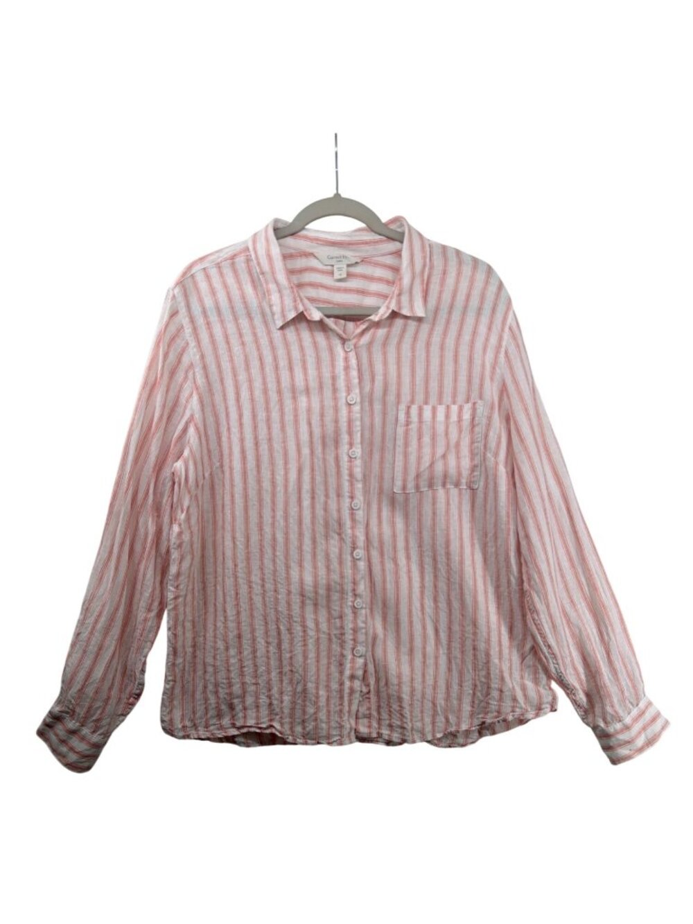Garnet Hill Women Top Sz 16 Peach Striped Linen Long-Slv ButtonUp Beachy Coastal